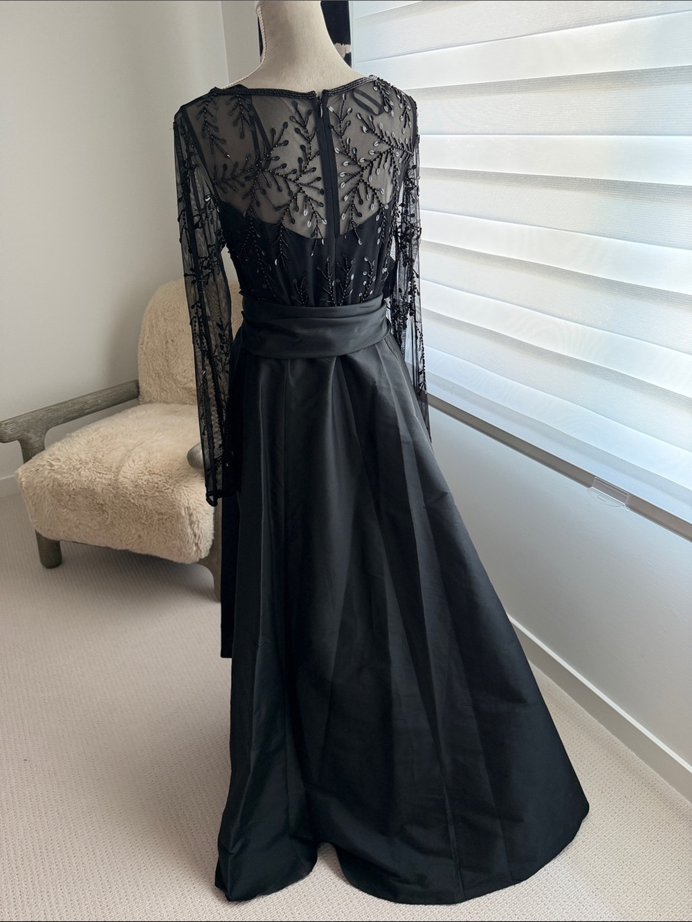 Adrianna Papell Black Long-Sleeve Beaded Illusion Gown with Waist Bow - Picture 3 of 3